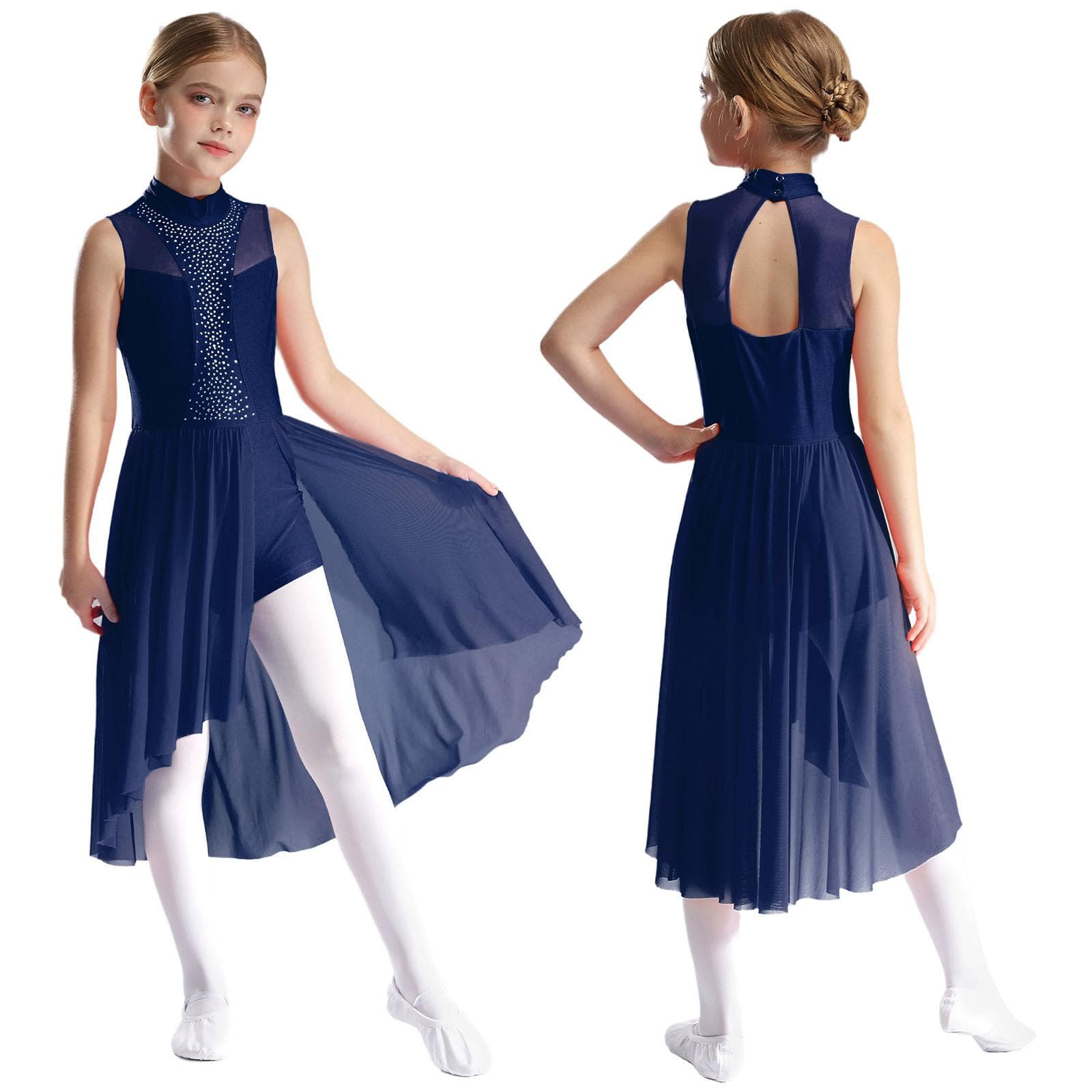 Kids Girls Chiffon Ballet Dress Sleeveless Mock Neck Cutout Back Side Split Asymmetrical Hem Sparkly Rhinestone Dance Dresses 5-6 Years navy blue