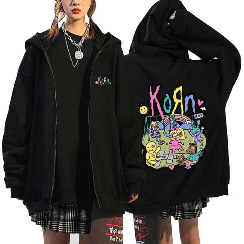 Korn Rock Band Print Zipper Hoodies Metal Music Men's Zip Up Jackets Hip Hop Streetwear Sweatshirts Unisex Y2K Cardigan Coats 3XL