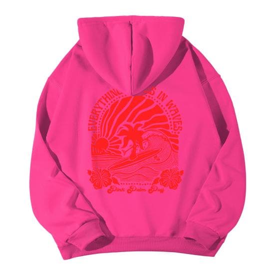 Teenager Hoodie Preppy Style Floral Printing Solid Color Hooded Top with Big S rose red