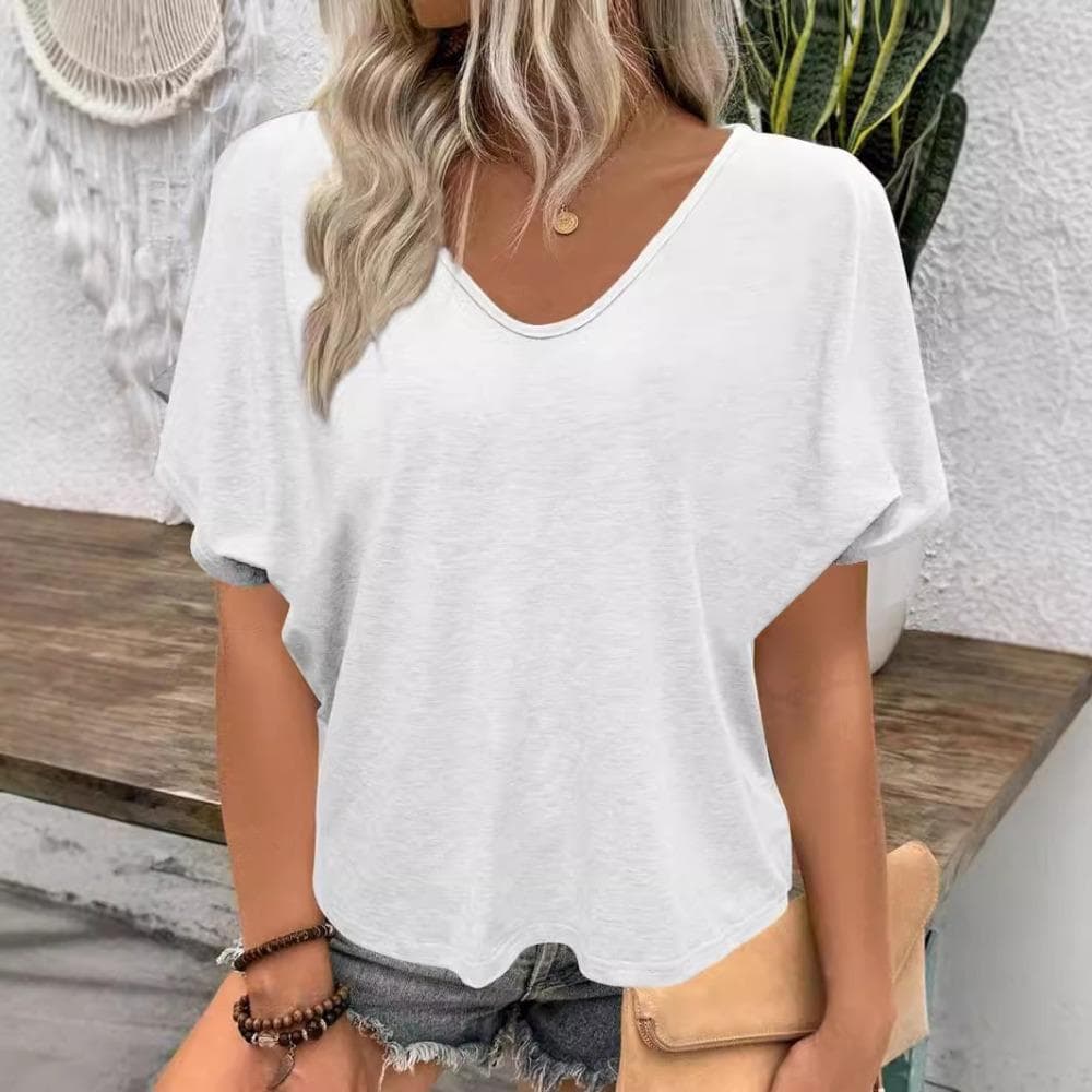Womens V-neck Solid T Shirt Casual Loose Top Plus Size Short Sleeve Tee Shirt 4XL white