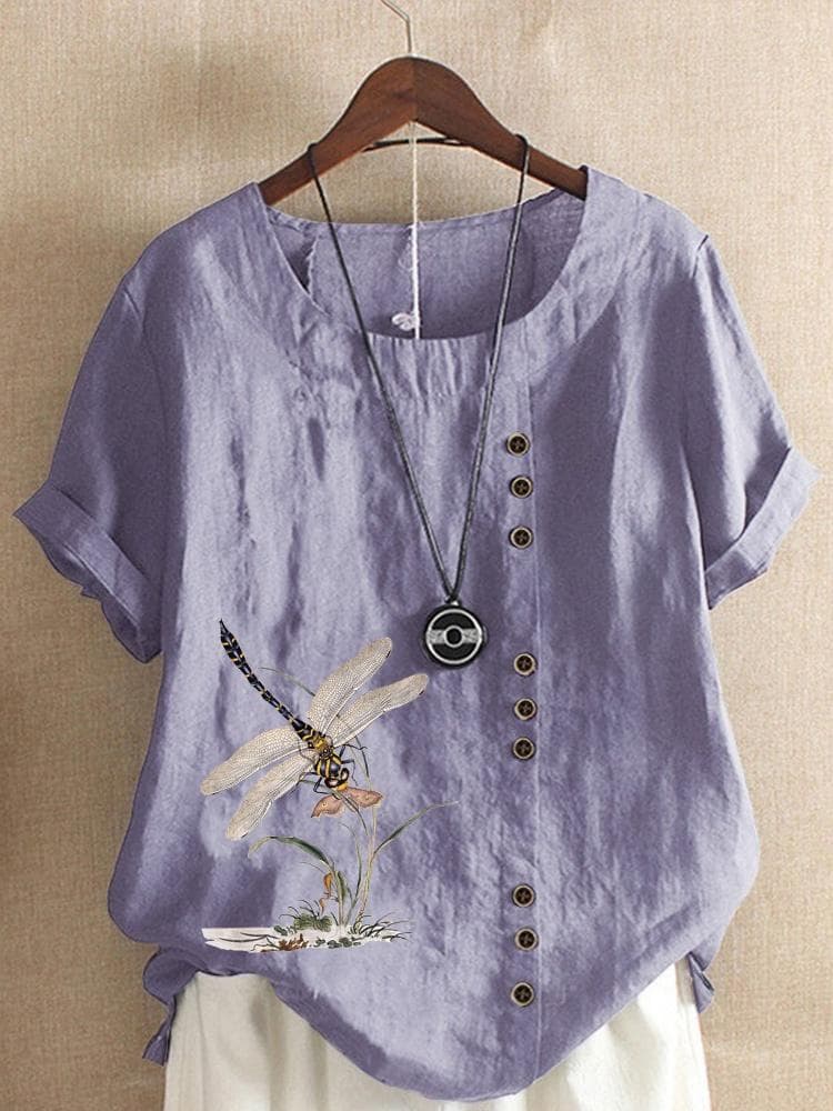 Summer Casual Dragonfly Print Loose T-shirt Retro Cotton and Linen O-neck Plus Size Short-sleeved Women's Top XS-5XL XL dark purple