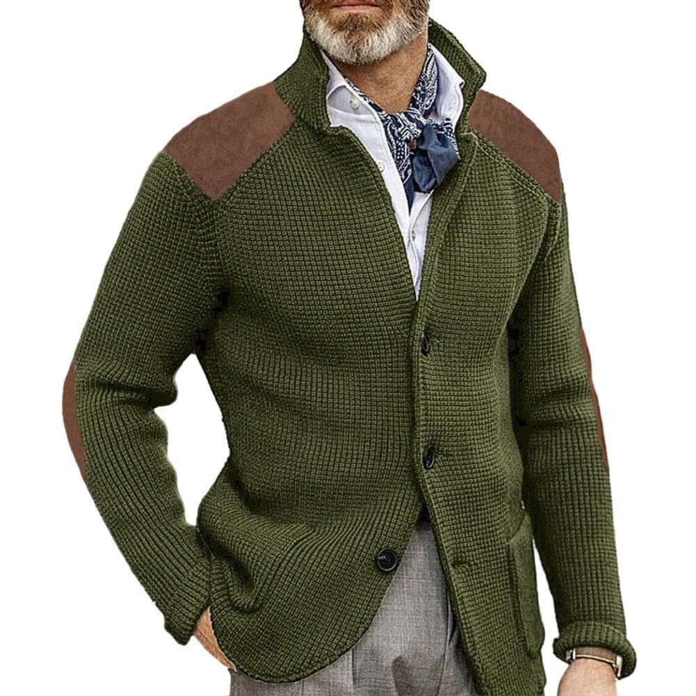 Winter Fall Men Cardigan Sweater Single-breasted Lapel Knitted Thick Long Sleeve Patchwork Color Matching Soft Elastic Men Sweat M army green