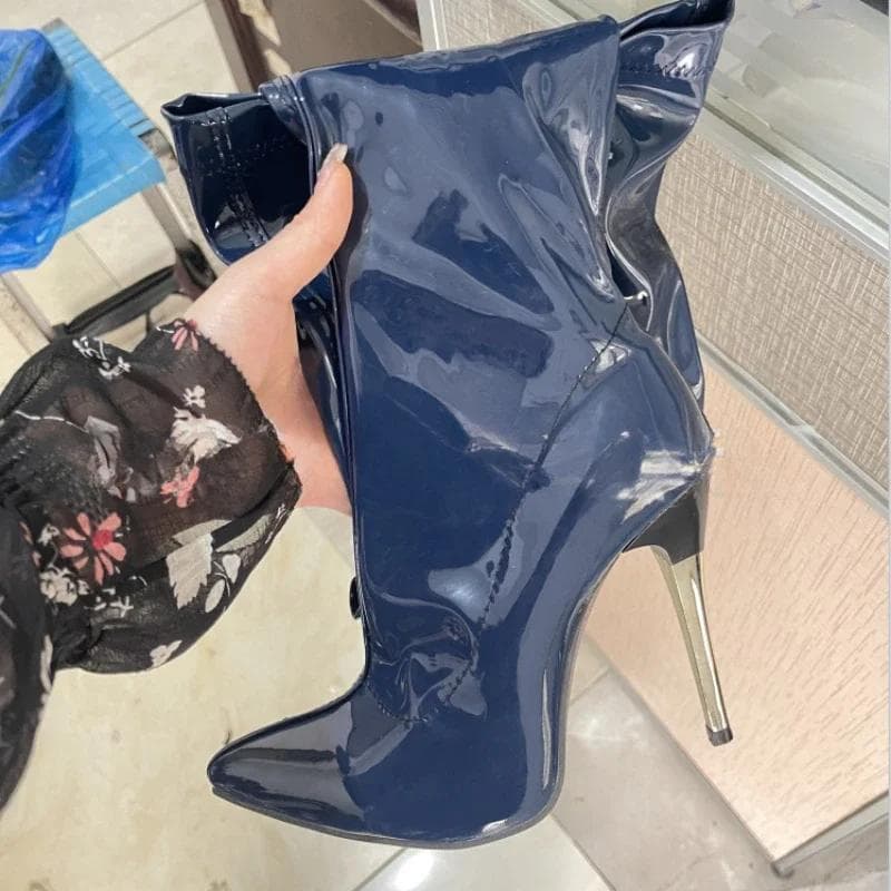 Fashion Women Patent Leather Boots Sexy Thigh High Boots Metal Stiletto Heels Fitted Party Boots Knee High Boot Big Size 45 46 47 48 40 blue