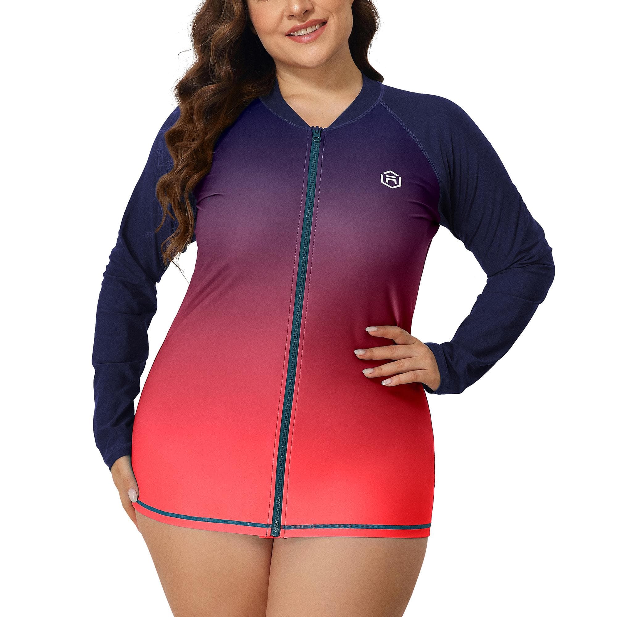 Charmleaks Women's Long Sleeve Rash Guard UV Sun Protection Zipper Gradient Swimsuit Top 1X navy blue