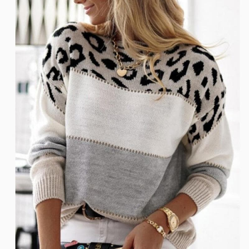 YYFS Women's Fashion Casual Fall Winter Leopard Print Long Sleeve O-Neck Tops Women's Clothing Woolen Knitwear Sweaters M gray