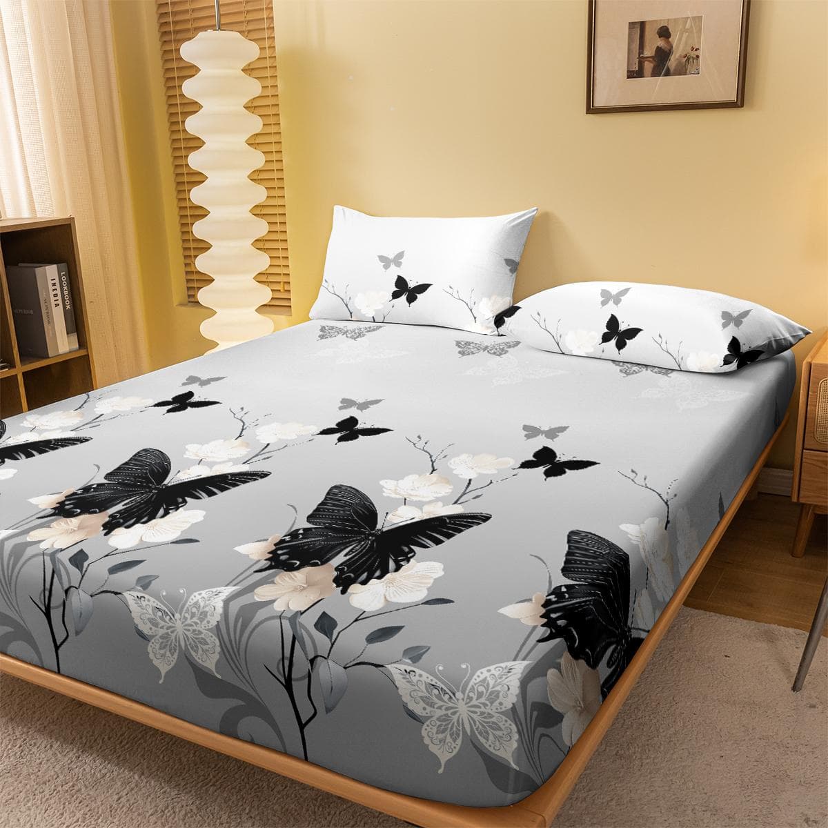 1 Simple Modern Plant Flower Butterfly Printed Matte Fitted Sheet, Bedroom Printed Bed Cover, Bedding (Excluding Pillowcases) 100x200cm