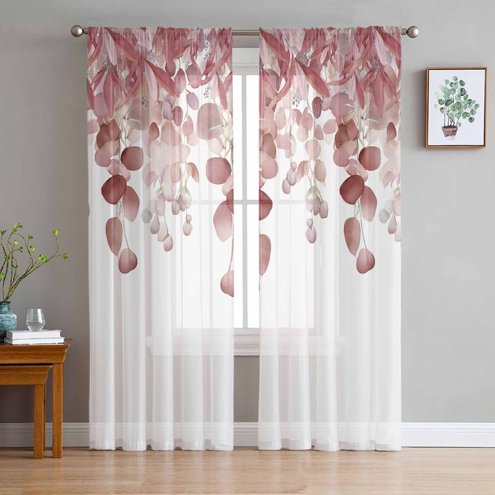 Watercolor Plant Eucalyptus Leaves Window Tulle Curtains for Living Room Bedroom Hotel Luxury Decoration Sheer Curtains 135W x 114H(cm)