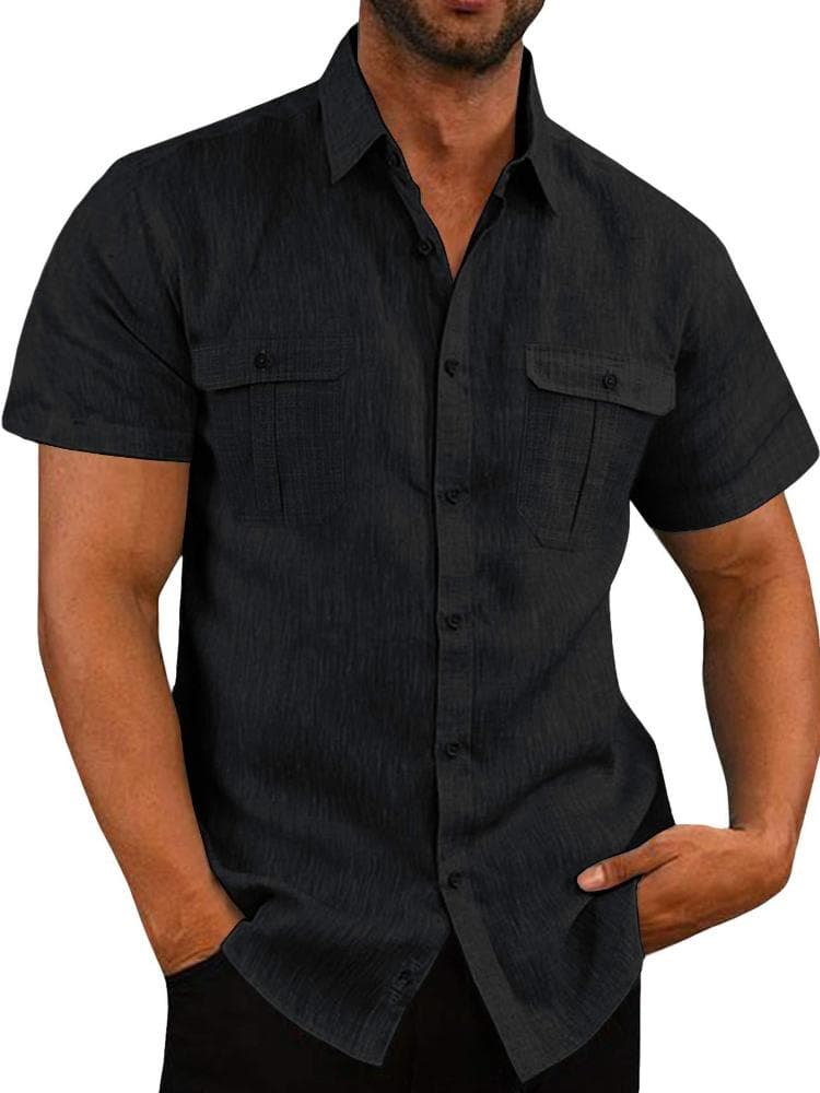 European and American Men's Shirt, Double Pocket Cotton Linen Short Sleeved Shirt, Casual Vacation Shirt 5XL black