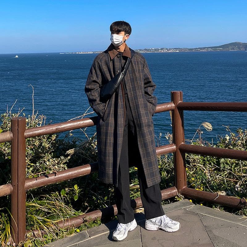 Plaid Woolen Coat Men's Medium and Long Autumn and Winter Trend Korean Version Trench Coat Loose Casual Coat 2XL