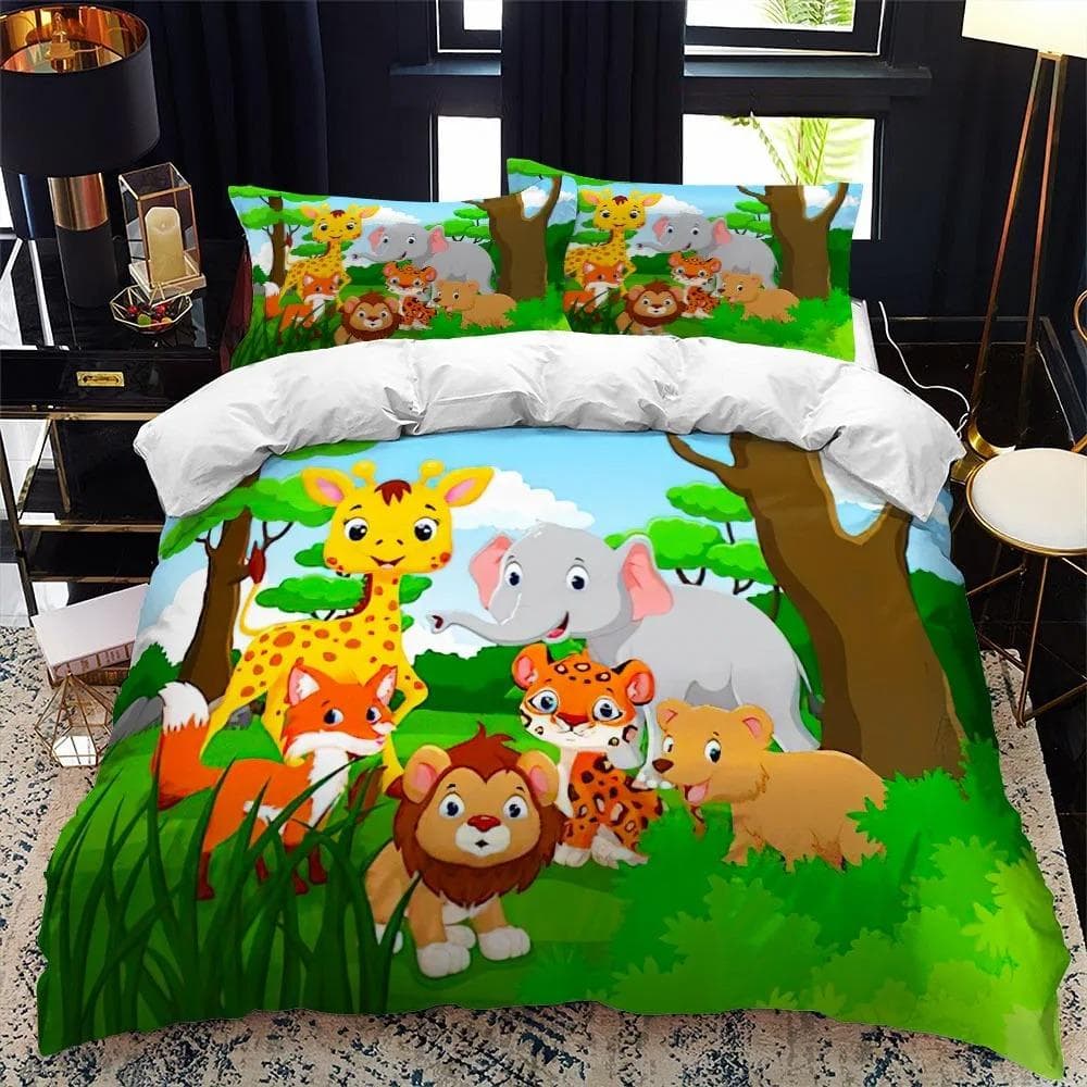 Cartoon Zoo Animal Bedding Set Boys Girls Twin Queen Size Duvet Cover Pillowcase Bed Kids Adult Fashion Home Textileextile AU Double 180x210cm