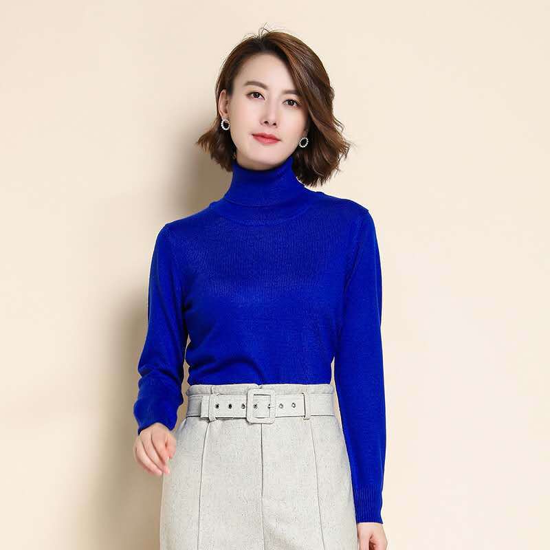 Wool Pure Cashmere Sweater Women's Knitted Turtleneck Cashmere Pullover Elasticity Pull High Neck Knitting Sweaters XL blue