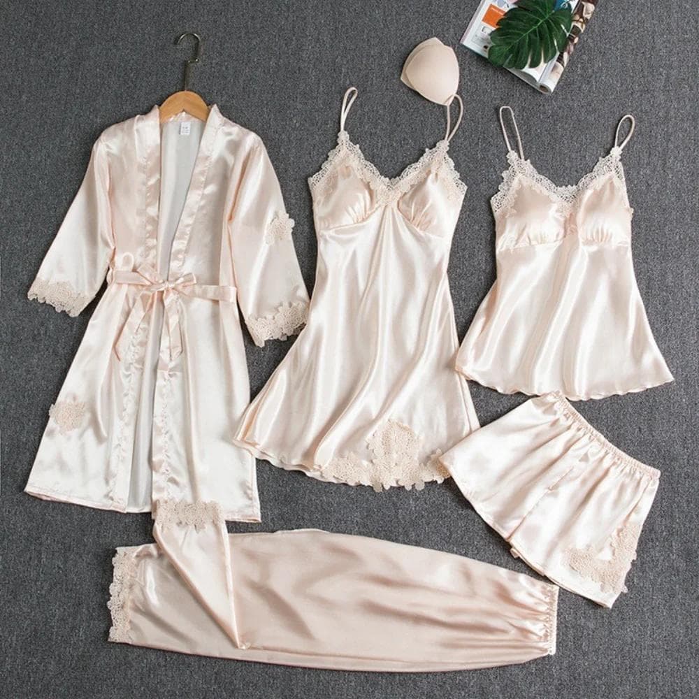5PC Silk Robe Sleep Suit Womens Lace Satin Pajamas Gown Set V-Neck Cami Nighties Wear Pijama Home Nightwear Spring Nightdress 3XL