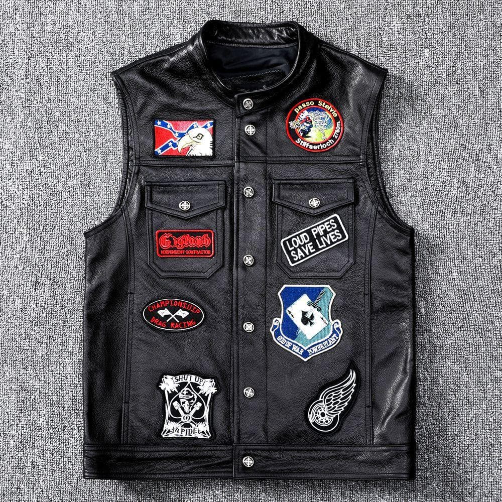 Vest First Layer Cowhide Genuine Leather Jacket Men's Short Slim Fit Multi-logo Vest Youth Trend XL black