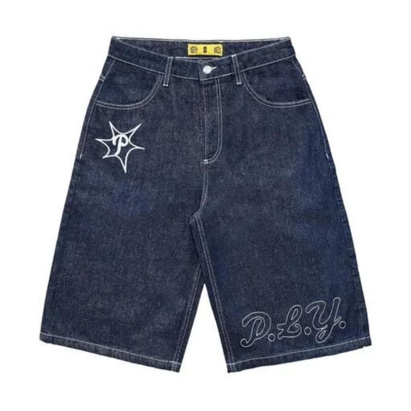 Unisex Y2K Jeans Men Women Hip Hop Cartoon Graphics Streetwear Retro Patchwork Denim Short Retro Loose Denim Casual Shorts L