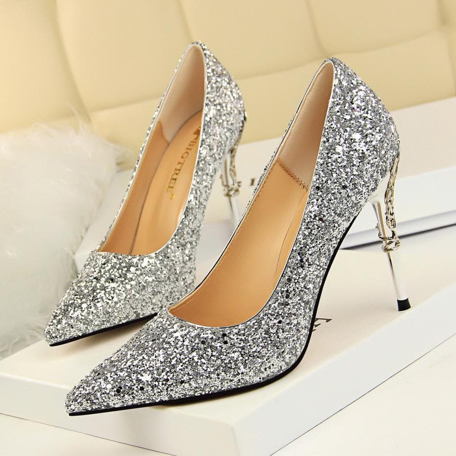 BIGTREE Women's Fashion Sexy Metal Heel Thin Heel High Heel Shallow Mouth Pointed Sequin Shoes 40 silver