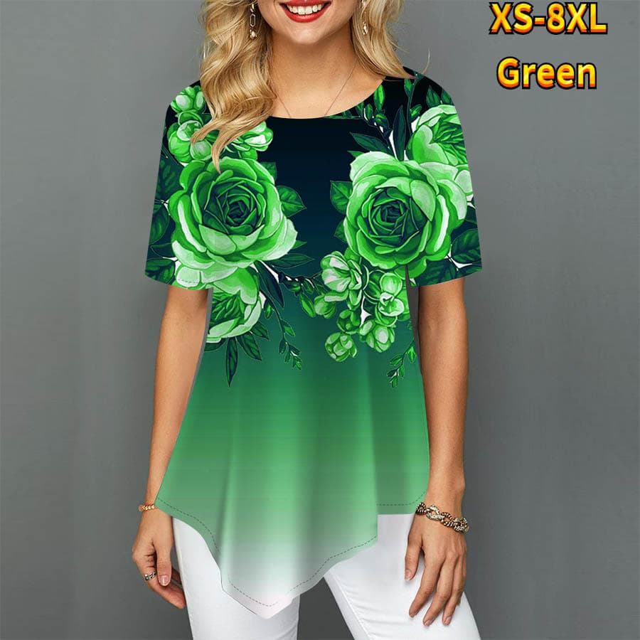 Women Plus Size Ladies Tee Shirts Two Bouquets of Roses Print Loose Casual Tops Female Irregular Summer Clothes 2XL green