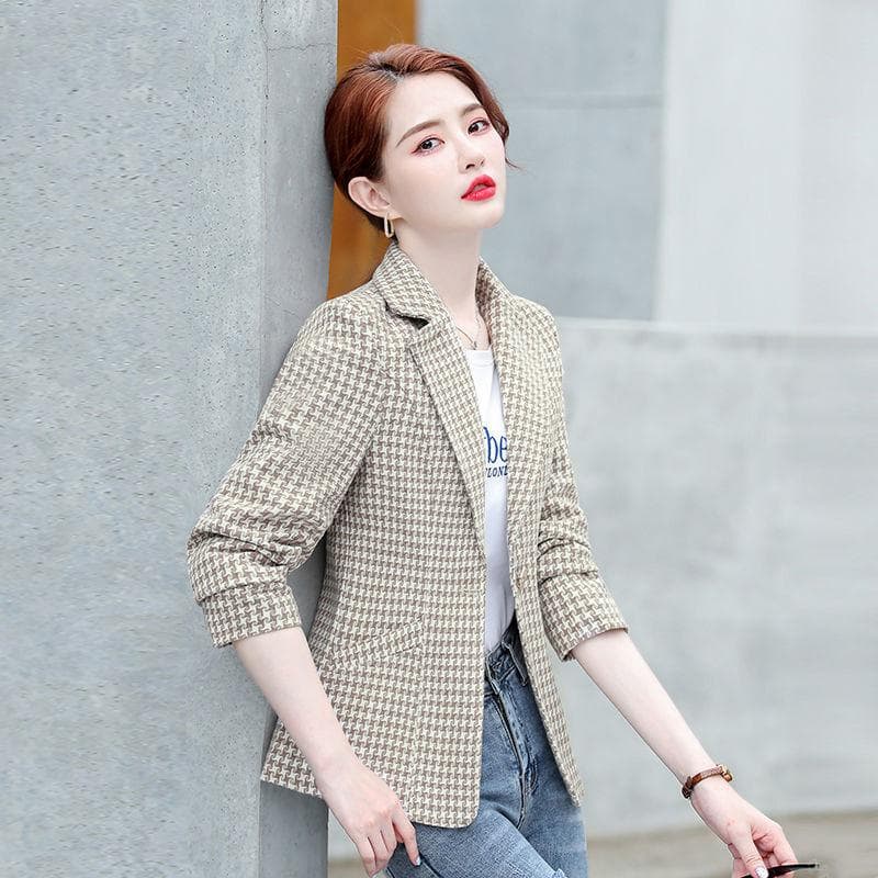 Ladies Long Sleeve Plaid Jacket Button Breasted Suit Jacket Autumn Temperament Casual Fashion Small Suit XXXXL beige