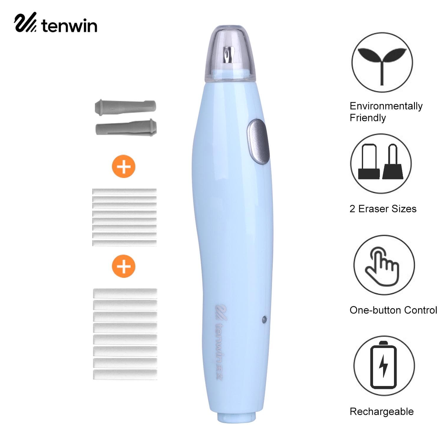 Tenwin Electric Eraser Kit with 16 Eraser Refills Rechargeable Pencil Eraser Onebutton Control blue