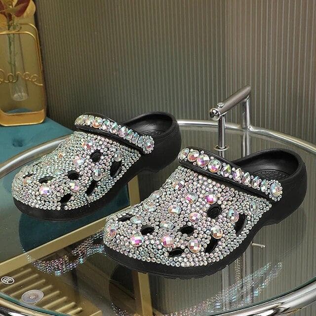 Women Summer Luxury Slippers EVA Rhinestone Decoration Sandals Beach Slides Flip Flop Soft Fashion Casual Shoes For Female 38 black