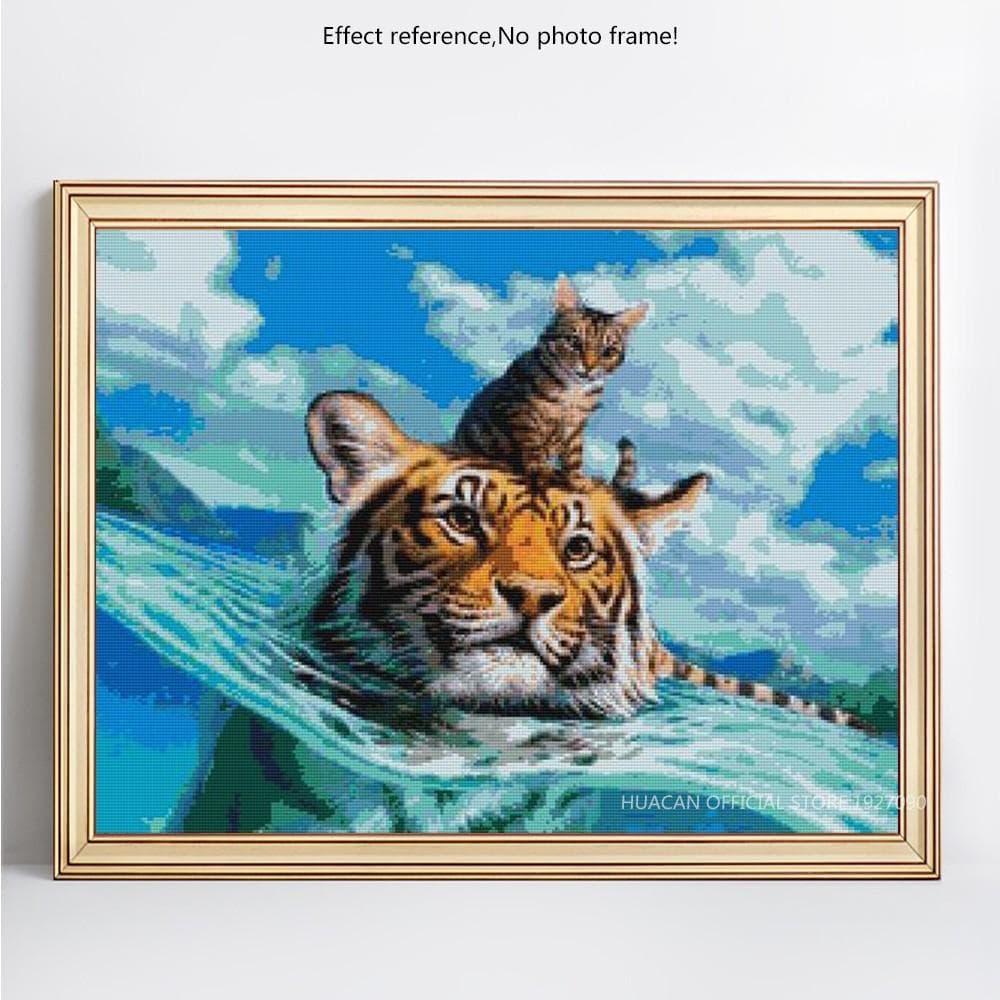 Diamond Painting Tiger And Cat Swim Rhinestone Mosaic Diamond Embroidery Cross Stitch 20X30CM