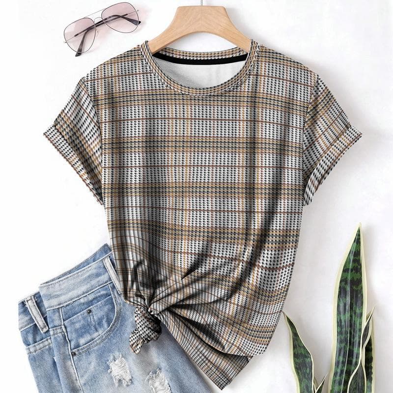 Striped Casual Sports Women's T-shirt Summer Round Neck Short Sleeved Element Pattern Checkered Loose Fit T-shirts L