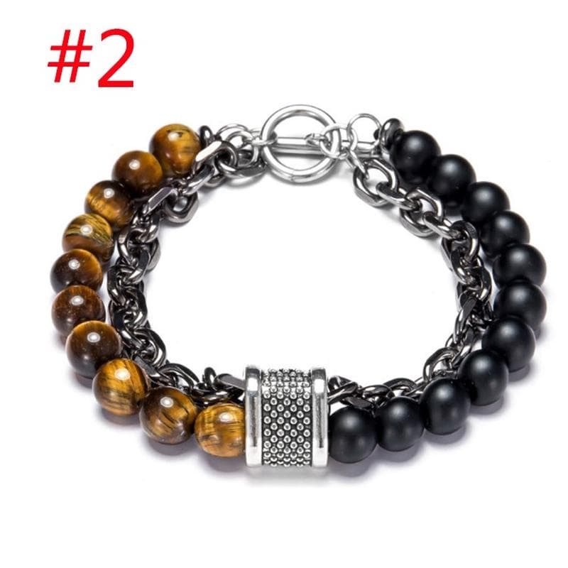 Natural Map Stone Men's Beaded Bracelet for Women Stainless Steel Bracelets Male Jewelry