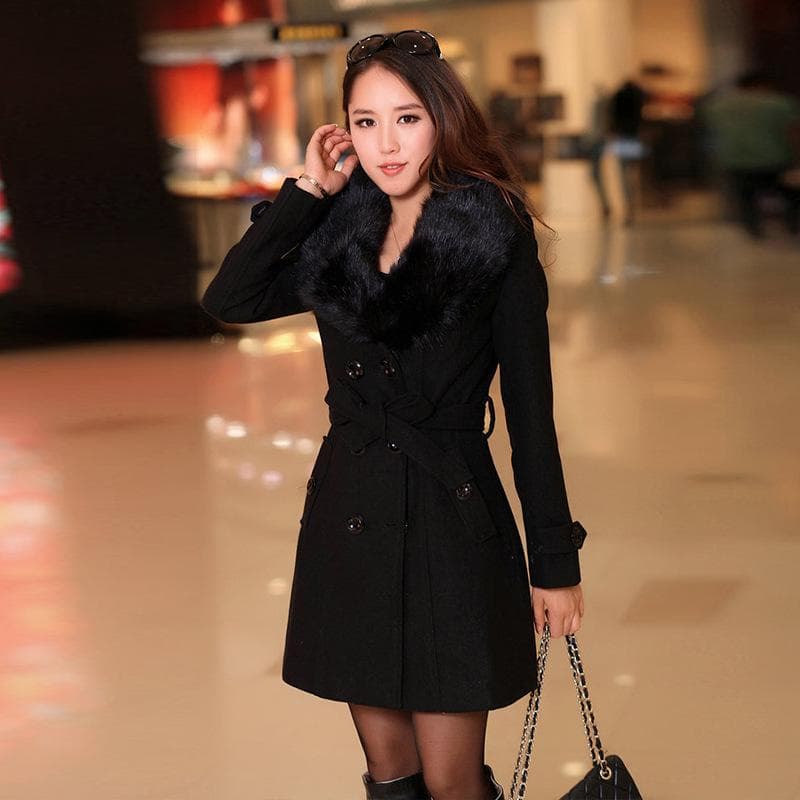 New Autumn and Winter Woolen Women's Coat Korean Style Double-breasted Long Woolen Coat with Large Fur Collar XL