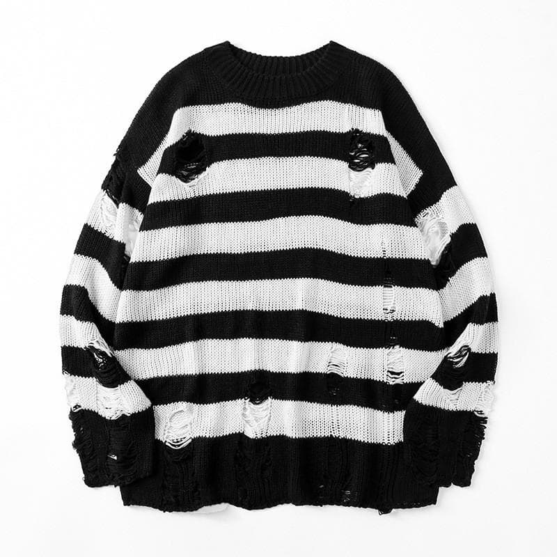 Black Stripe Sweaters Destroyed Ripped Sweater Men Pullover Hole Knit Jumpers Men Oversized Sweatshirt Harajuku Long Sleeve Tops L white
