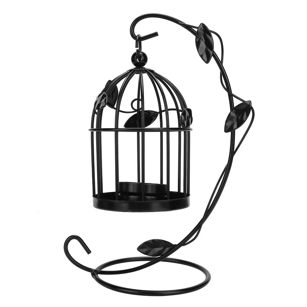 Retro Hollow Out Bird Cage Iron Hanging Candle Holder Candlestick Lantern Home Decor (Black) Black