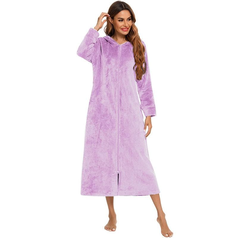 Women's Zip Up Plush Fleece Robe Hooded Warm Long Bathrobe Dressing Gown Winter Cozy Zipper Lounger Sleepwear Housecoat Loungewear Nightgown L purple