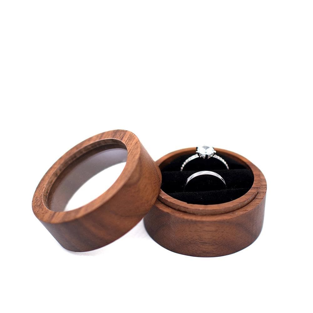 Personalized Wooden Wedding Ring Box with Clear Round Engagement Proposal Holder Double Ring Bearer Box ceremony black