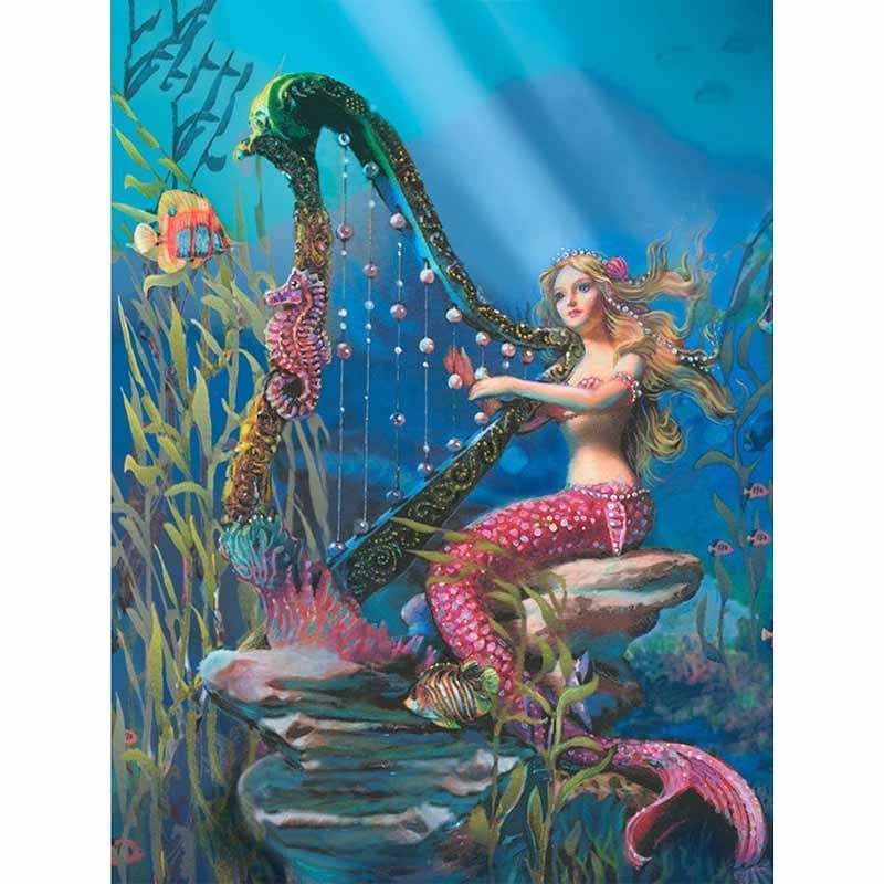 Diamond Painting Cross Stitch Full Round Drill Mermaid playing the piano Diamond Embroidery 20X30CM