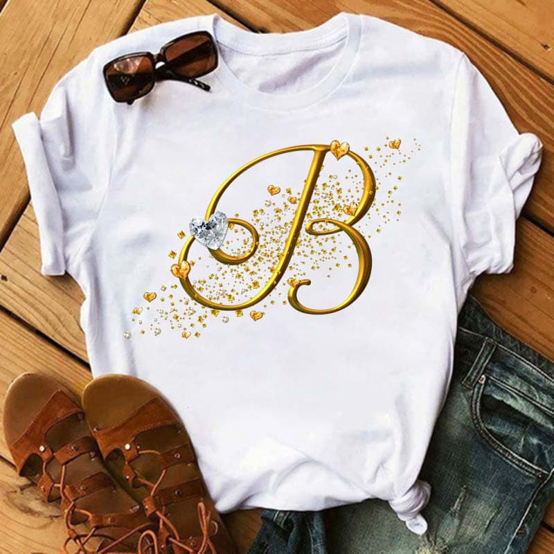 Custom Name Letter 3D Printe Women T-shirt Diamond Gold Letter Font A B C D E F G Black T-shirt XXL