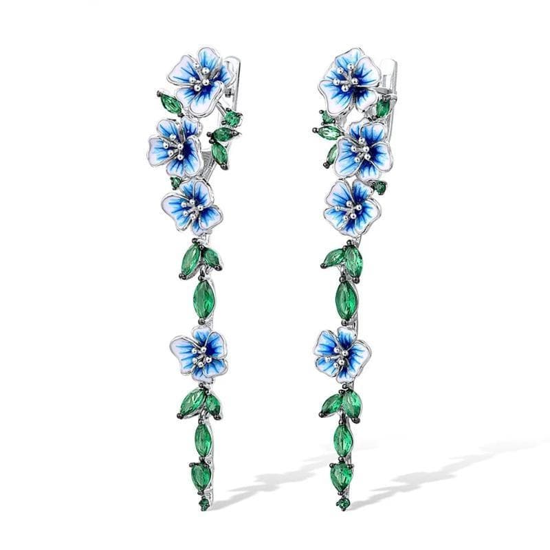 Leaf Emerald Enamel Flower Long Earrings for Women Elegant Jewelry Summer Party Gift