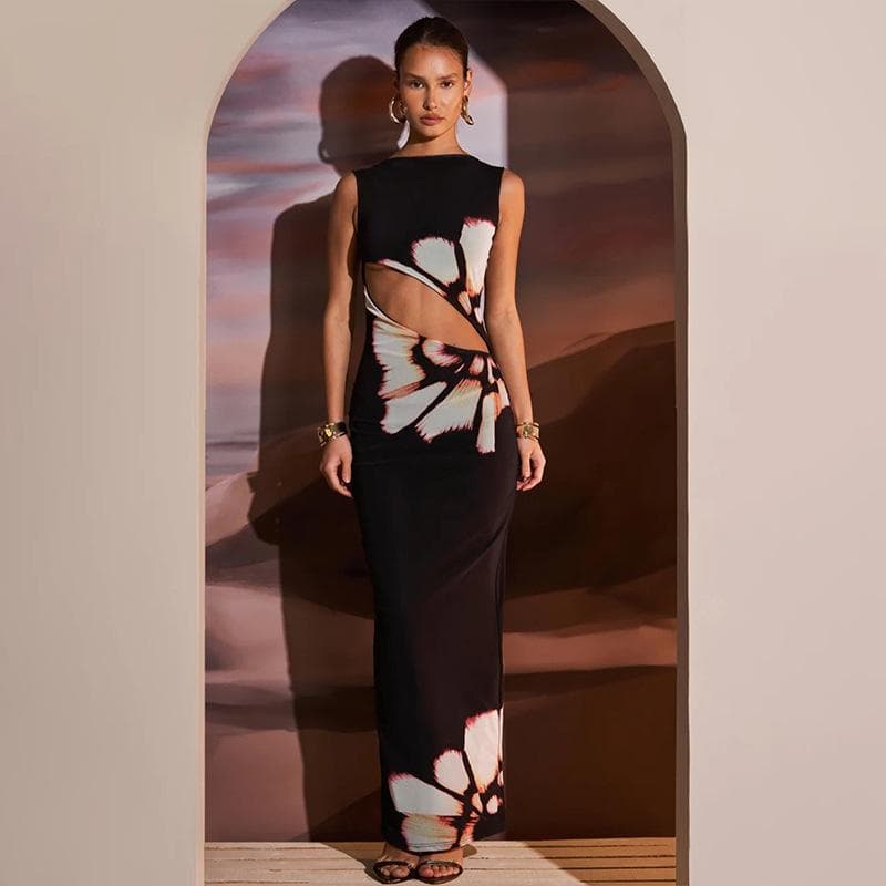 New Retro Print Sleeveless Hollow Sexy Slim Dress for Women L black