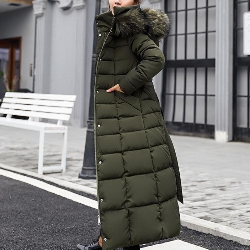 New Winter Jacket Ladies Warm Fashion Bow Belt Collar Long Dress Ladies Thick Coat S green