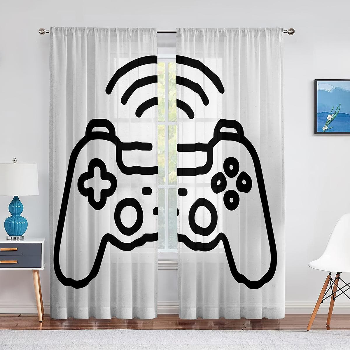 Gamepad Gamer Sheer Voile Curtains Video Games Controller Cool Window Tulle Curtains for Living Room Boys Girls Bedroom Decor 1 PCS W100XH250cm&Grommet Top