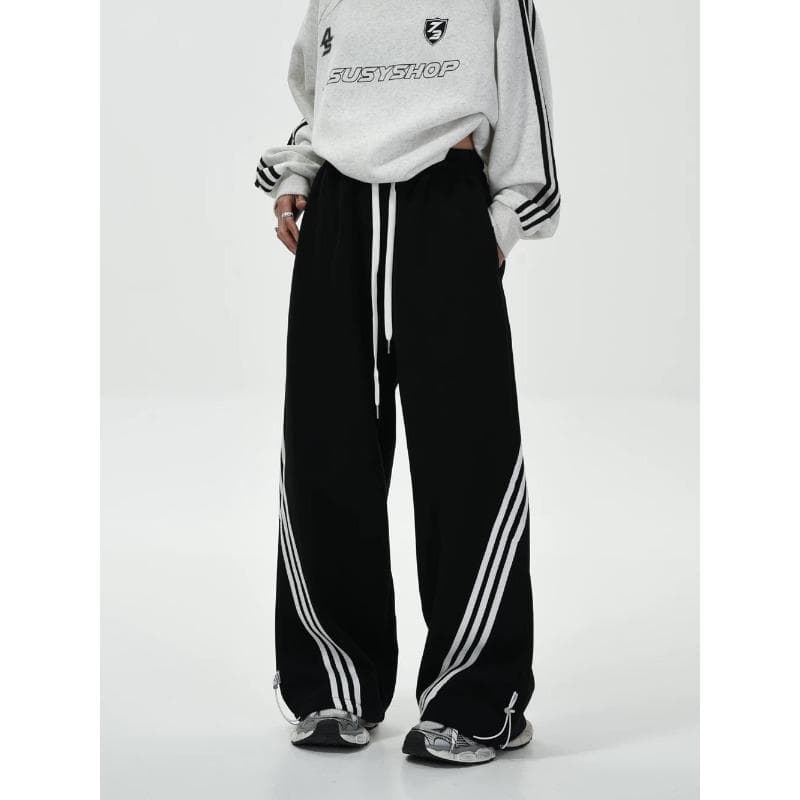 Striped Contrasting Wide-leg Pants, Wardrobe Pants, Men and Women, Retro Elastic Drawstring Drooping Casual Couple Sports Pants S