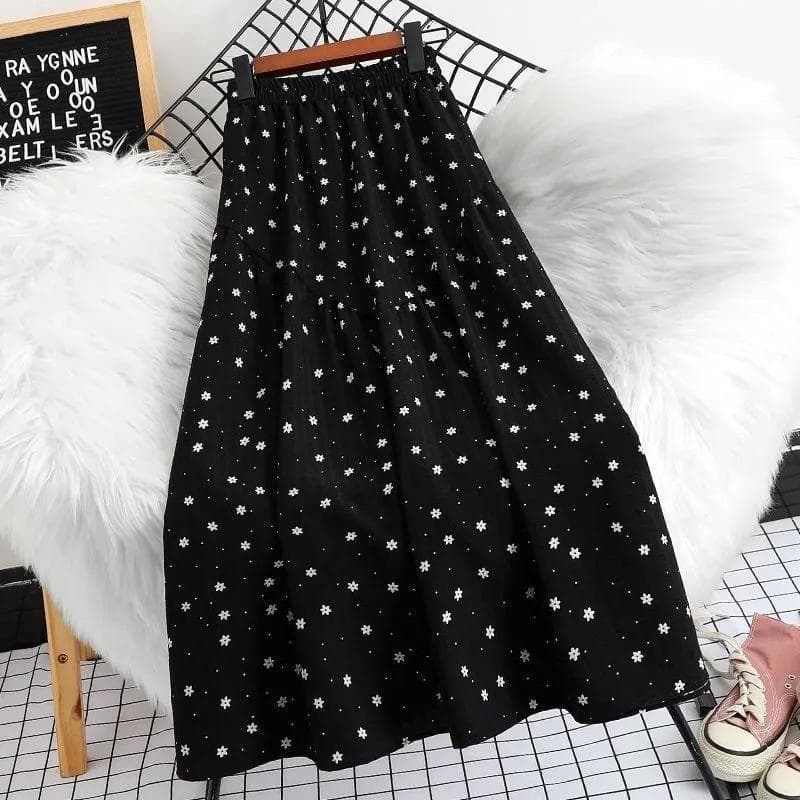 Floral Skirt Chiffon Printed A-line Skirt Women's Summer Big Swing Skirt Small Floral Skirt Polka Dot Skirt Mid-length 4XL black