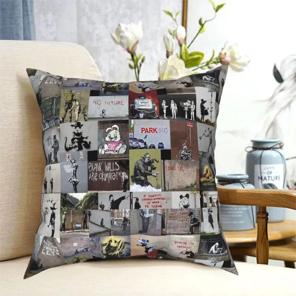 Banksy England Street Art Graffiti Throw Pillow Cover Polyester Throw Pillow Casual Cushion Covers 55x55cm black