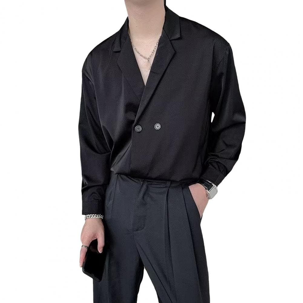 Spring Men Shirt Turn-down Collar Ice Silk V Neck Loose Double Buttons Solid Color Baggy Loose Soft Breathable Long Sleeves Male M black