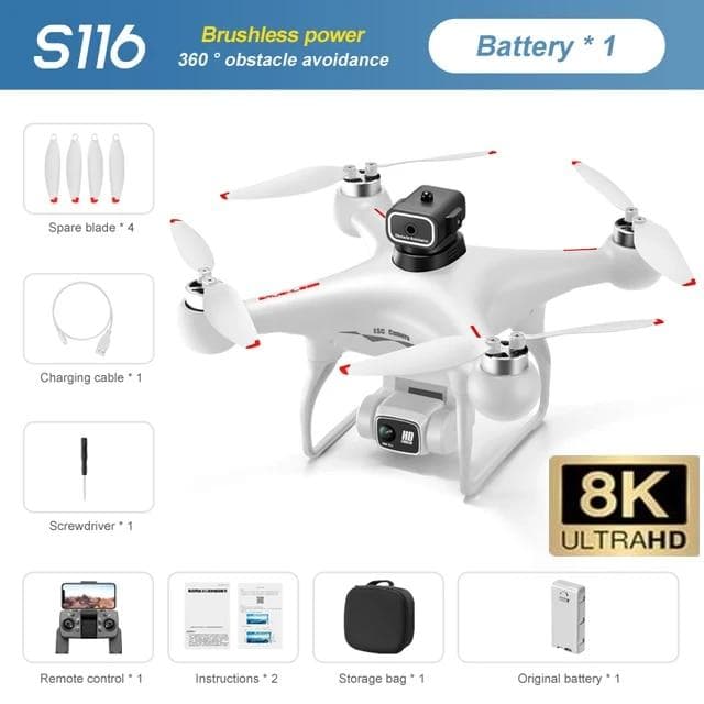 New S116 MAX Drone WIFI FPV ESC HD Camera 360° Obstacle Avoidance Brushless Motor Remote Control Quadcopter Toy Gift for Kids 1 battery white