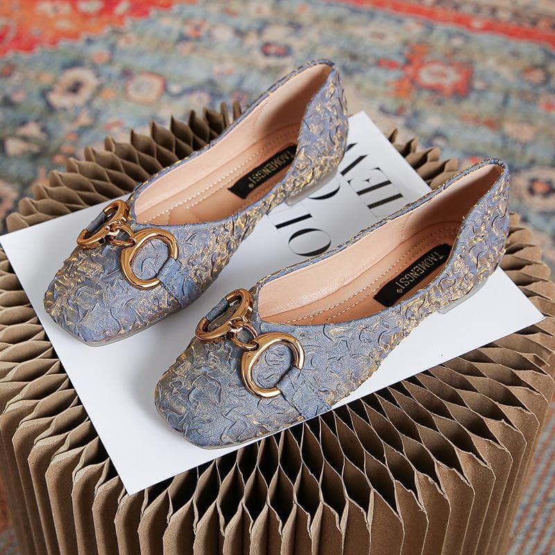 Slip on Spring and Autumn New Square Head Shallow Mouth Flat Peas Shoes Soft Leather Soft Bottom Single Shoes Women 33