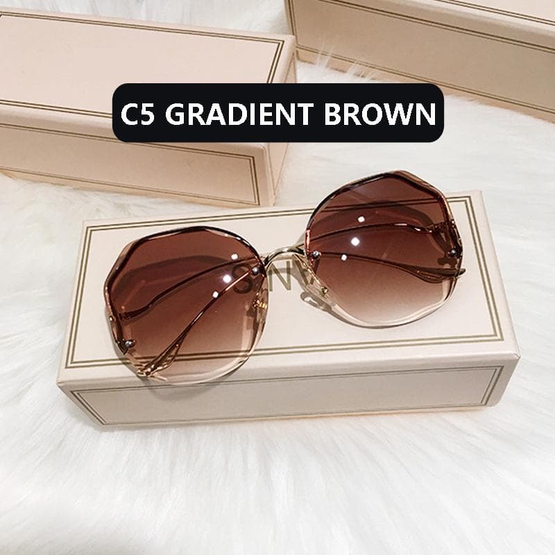 Fashion Tea Gradient Sunglasses Women Ocean Water Cut Trimmed Lens Metal Curved Temples Sun Glasses Female UV400 brown