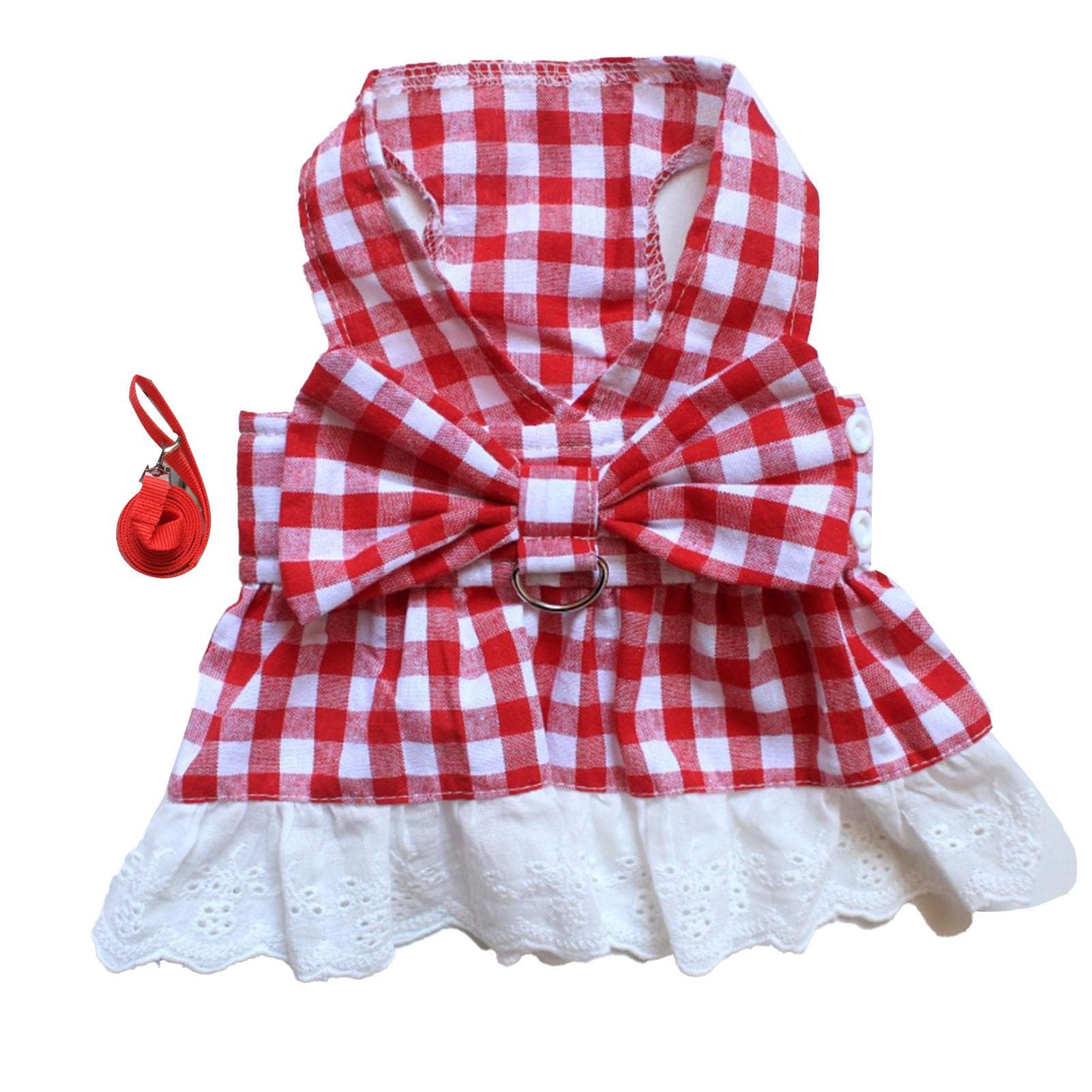 Plaid Dog Dress Leash Set Red Plaid Lace Hem Puppy Dress Spring Summer Sleeveless Pet Dress with S(for 2-4kg)