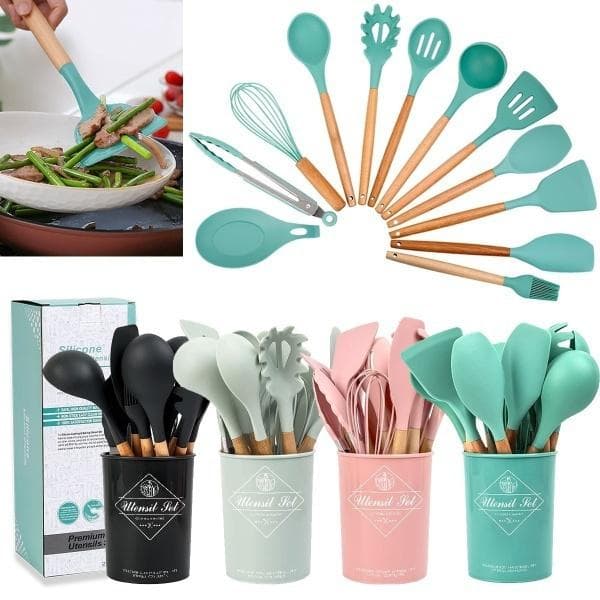 Wooden Handle Silicone Kitchenware Healthy Cookware Spatula Soup Spoon Brush Ladle Pasta Colander Non-stick Cookware Kitchen Tools 11 PCS black
