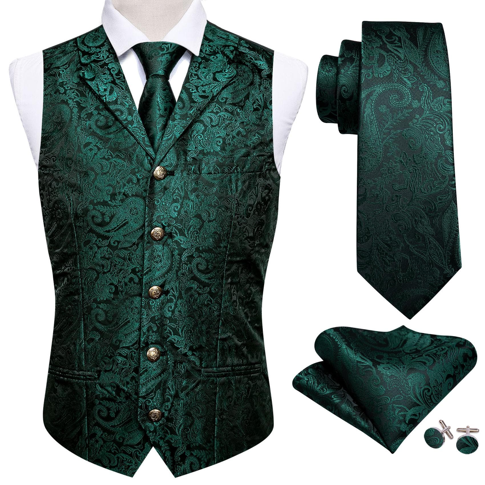 Barry.Wang Mens Waistcoat Vest Tie Hankerchief Cufflinks Dark Red Paisley Collar Copper Buckle Jacquard Woven Silk Wedding Dating Party Set XL