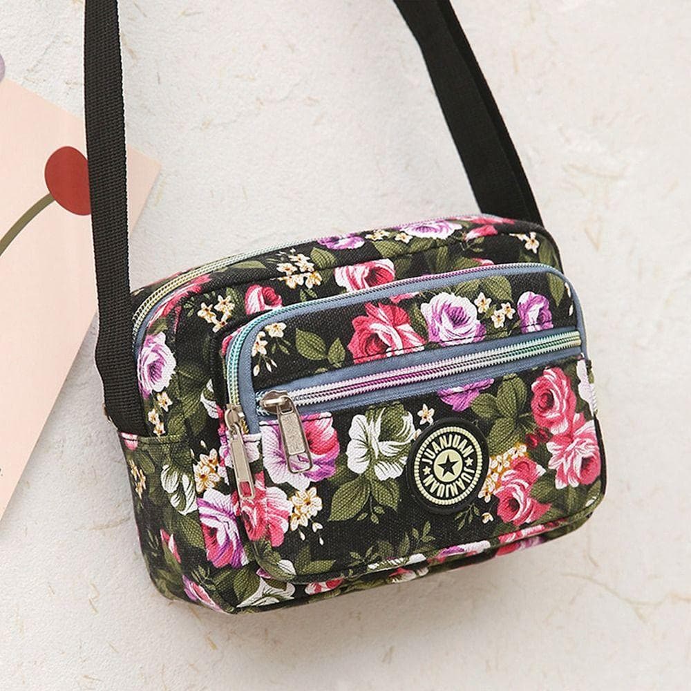 Casual Nylon Shoulder Bag Multi Layered Floral Print Classic Tote Bag Vintage Handbag Women Girls black
