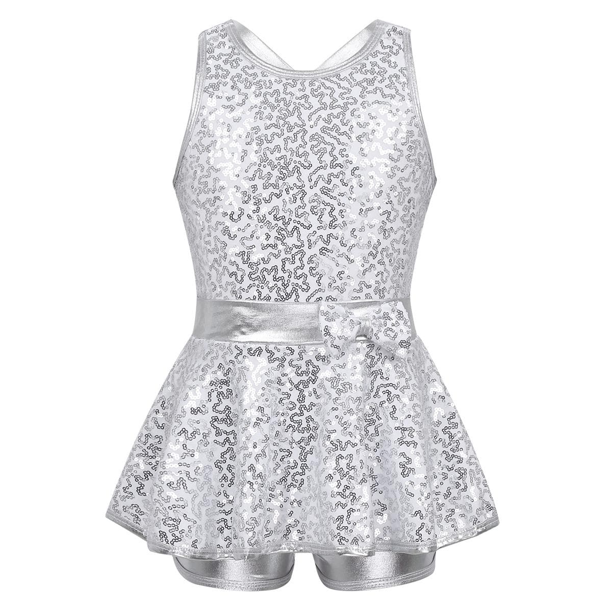 Girls' Kids Sequin Ballet Jazz Modern Tap Dress Dance wear Performance Costume Criss Cross Back Leotard Shorts 7-8 Years white