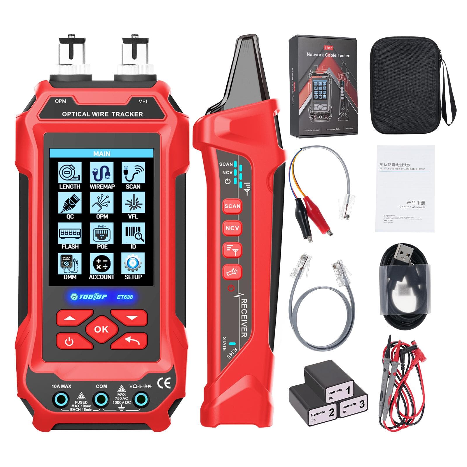 ET638 5in1 Multifunctional Network Cable Tester Multimeter, ACDC Voltage, Diode, Resistance, with 3 adapter red